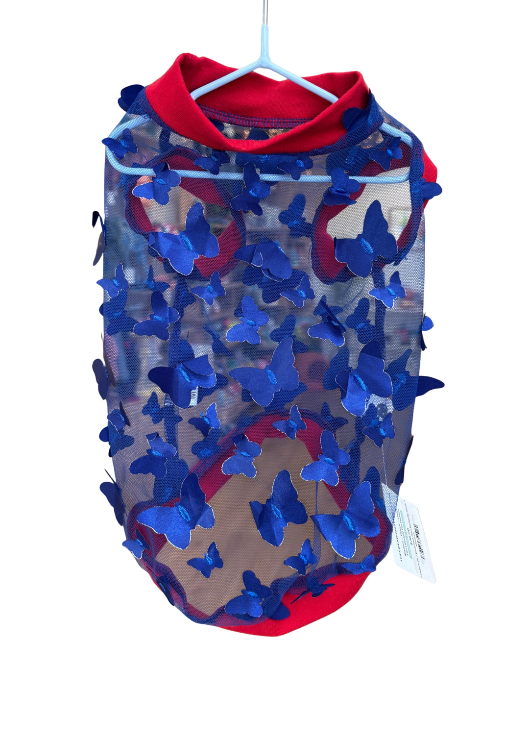 Blue/Red Trim Butterfly Mesh Top