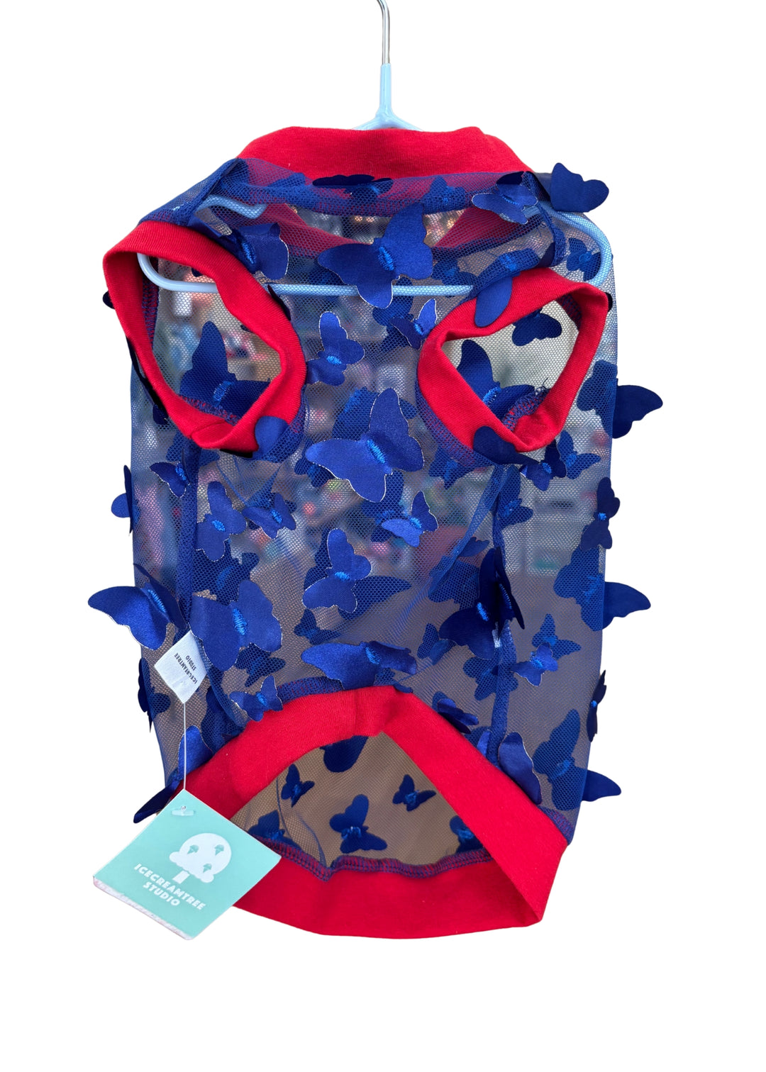 Blue/Red Trim Butterfly Mesh Top